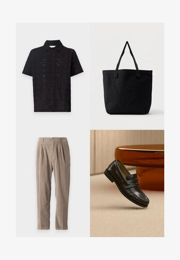 Schwarzes Kurzarmhemd aus strukturiertem Stoff, mit einem bestickten floralen Muster und einem Kragen mit Knopfverschluss.; Beige Corduroyhosen mit entspannter Passform, mit Falten, Knopfverschluss und seitlichen Taschen, strukturierten Oberflächen und schmal zulaufendem Bein.; Glänzender schwarzer Leder-Loafer mit einem Riemendetail, auf einem beigen Teppich neben einem runden braunen Couchtisch in einem sanft beleuchteten Raum platziert.; Schwarze Canvas-Shopper-Tasche mit zwei Schulterriemen und einem dezenten, eingeprägten kreisförmigen Design auf der Vorderseite.