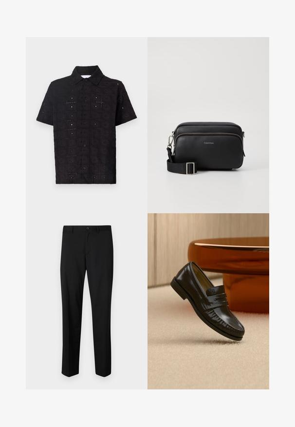 Camisa de manga corta negra hecha de tela texturizada, con un patrón floral bordado y un cuello con botones.; Pantalones de traje negros con frente plano, cintura estándar y piernas rectas. Hechos de una tela suave, con un cierre de botón único.; Mocasín de cuero negro brillante con detalle de correa, colocado sobre una alfombra beige cerca de una mesa de café redonda marrón en una habitación con iluminación suave.; Bolso bandolera de cuero negro con dos compartimentos con cremallera, acabado texturizado, correa ajustable y acentos de hardware en plata. Logo de Calvin Klein exhibido.