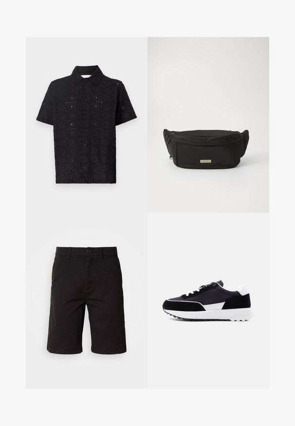 Kortærmet sort skjorte lavet af tekstureret stof, med et broderet blomsterdesign og en krave med knaplukning.; Sorte shorts lavet af et letvægtsstof, med knaplukning foran, bæltesløjfer, sidelommer og lige snit med omslag på kanterne.; Sort-hvid lavtop sneaker med hvide snørebånd, tekstureret sål og subtil branding på siden, vist fra ydersiden på ensfarvet baggrund.; Sort nylon talje taske med en glat tekstur, buet form og et frontzipperrum. Har en guld logo plade.