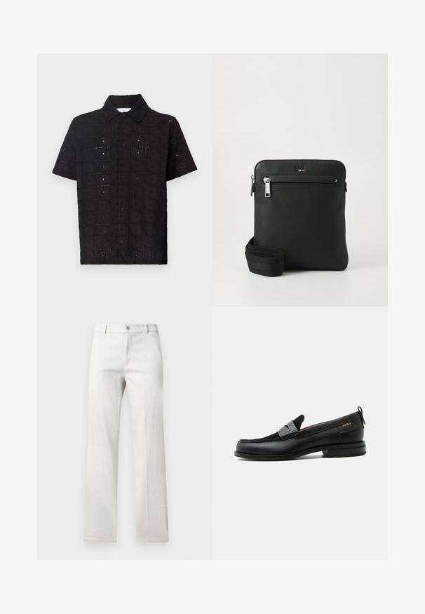 Schwarzes Kurzarmhemd aus strukturiertem Stoff, mit einem bestickten floralen Muster und einem Kragen mit Knopfverschluss.; Helle graue Hose mit geradem Bein, aus einem glatten Stoff gefertigt, mit vorderer Knopfverschluss und Seitentaschen.; Schwarzer Lederloafer mit grauem Riemendetail, niedrigem Absatz und strukturierter Sohle, seitlich mit „HUGO“ in Gold gebrandmarkt.; Schwarze Leder-Umhängetasche mit flachem Design, strukturierter Oberfläche, Reißverschluss, Vordertasche und verstellbarem Stoffriemen.
