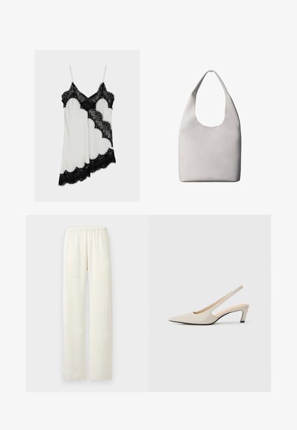 Robe nuisette en satin blanc avec bordure en dentelle noire sur le décolleté, l'ourlet et le devant, avec fines bretelles et motif de dentelle asymétrique.; Pantalon droit de couleur crème avec une ceinture élastique, sans poches visibles ni ornements.; Escarpins beige à bride arrière avec un bout pointu, côtés ouverts et petit talon bloc. Texture en cuir lisse et design minimaliste.; Sac fourre-tout en cuir blanc avec une bandoulière unique, texture douce et logo discret Calvin Klein près du centre en bas.