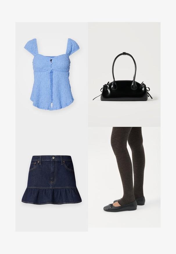 Haut en bleu clair, texturé, avec des manches bouffantes, une ouverture en clé et des détails de boutons à l'avant. Tissu doux et silhouette décontractée.; Jupe en denim foncé avec ourlet volanté, design à cinq poches, passants de ceinture et fermeture à boutons à l'avant. Texture lisse et coupe droite.; Jambes portant des leggings côtelés foncés associés à des ballerines noires avec de petits détails en nœud sur fond blanc.; Petit sac à main noir brillant avec deux longues anses et des détails à cordon sur les côtés sur un fond clair uni.