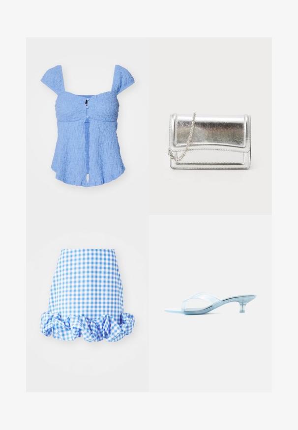 Haut en bleu clair, texturé, avec des manches bouffantes, une ouverture en clé et des détails de boutons à l'avant. Tissu doux et silhouette décontractée.; Jupe vichy bleue et blanche avec un ourlet cranté. Présente une silhouette ajustée et une texture de tissu douce. Le motif est composé de petits carrés à carreaux.; Sandale à talon bas transparent avec des brides transparentes et un talon fin légèrement incurvé sur fond blanc.; Pochette métallique argentée avec une texture lisse, fermeture rabat et une bandoulière en chaîne. Présente un design rectangulaire structuré et des accents cousus.