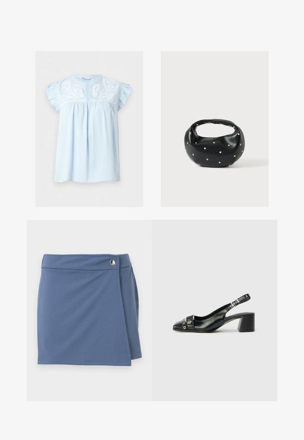 Blouse bleu clair à manches courtes avec manches à volants, broderie florale blanche sur la poitrine et une petite ouverture en V.; Jupe bleue style portefeuille avec une taille haute et une fermeture par bouton argenté sur le côté droit, présentée sur un fond blanc.; Sandale à talon en cuir noir avec un bout pointu, une sangle texturée ornée d'accents métalliques circulaires et un talon empilé.; Sac à main en cuir noir de forme arrondie, décoré de clous argentés et équipé d'une poignée courte. Texture lisse et fermeture éclair.