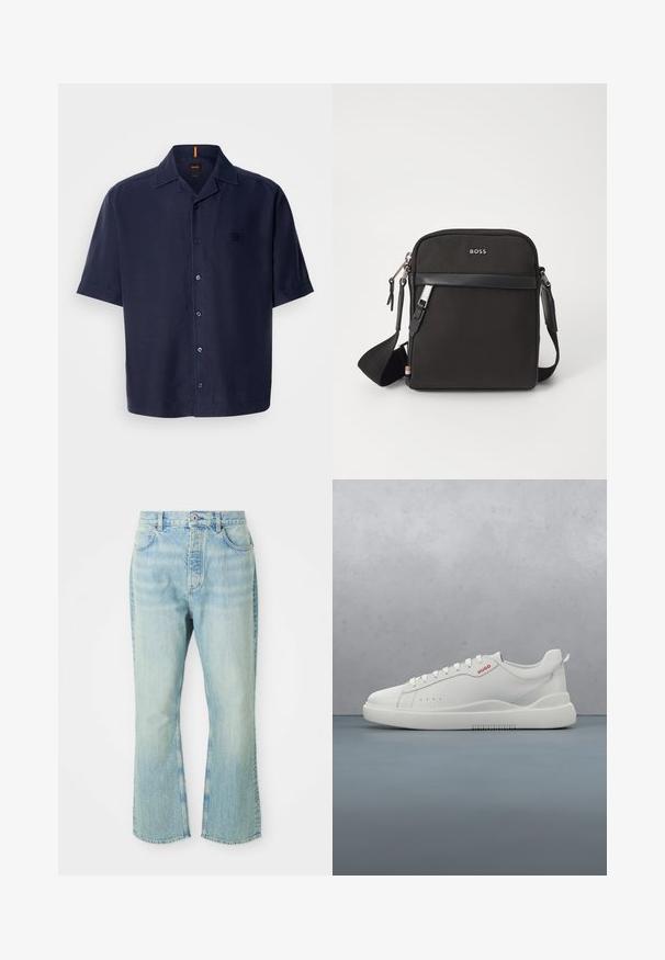 Camisa de manga corta en tejido azul marino oscuro con un acabado texturizado, que presenta un cierre de botones en la parte delantera, un cuello de punta y un discreto parche con el logo.; Jeans de mezclilla de color azul claro, acampanados y de cintura alta, con cinco bolsillos, trabillas para el cinturón y un acabado desgastado.; Zapatilla blanca con un acabado de cuero liso, punta redonda, cuatro ojales, perforaciones sutiles y un detalle de logo rojo en el lateral.; Bolso bandolero negro con un tejido texturizado, logo en la parte frontal, cierre de cremallera y correa ajustable. Presenta un ribete de cuero suave.