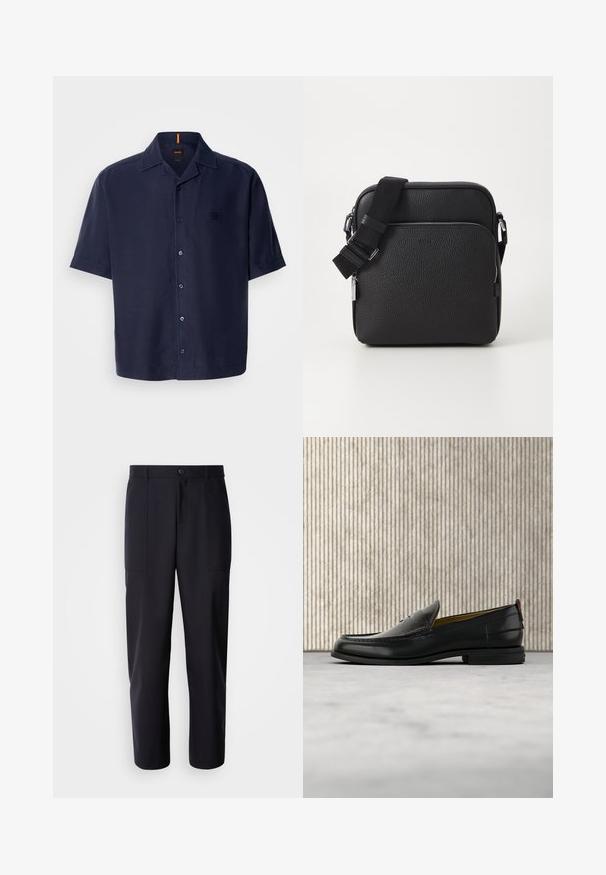 Camisa de manga corta en tejido azul marino oscuro con un acabado texturizado, que presenta un cierre de botones en la parte delantera, un cuello de punta y un discreto parche con el logo.; Pantalones oscuros de navy, confeccionados en un tejido suave, con un diseño de pierna recta, dos bolsillos laterales y un cierre de botón en la cintura.; Mocasín de cuero negro para hombre con empeine grabado en relieve de cocodrilo y tacón bajo, mostrado de perfil sobre un fondo neutro.; Bolso cruzado de cuero negro con una superficie texturizada, que presenta un bolsillo con cremallera en la parte frontal, correa ajustable y acentos de hardware metálico.