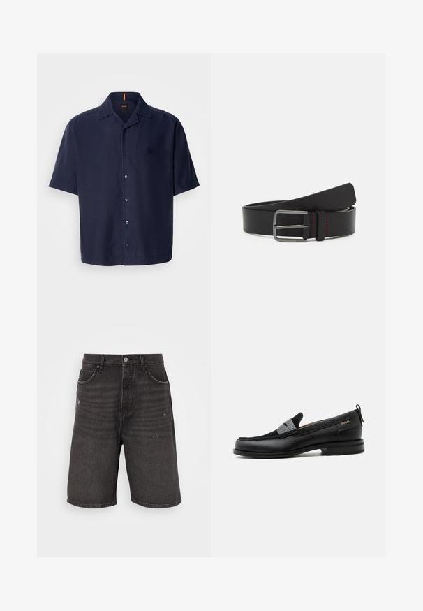 Camisa de manga corta en tejido azul marino oscuro con un acabado texturizado, que presenta un cierre de botones en la parte delantera, un cuello de punta y un discreto parche con el logo.; Shorts de mezclilla negra con un corte relajado, que cuentan con bolsillos frontales, una textura desgastada y una cinturilla clásica con un cierre de botón sencillo.; Mocasín de cuero negro con detalle de tira gris, tacón bajo y suela texturizada, con la marca "HUGO" en oro en el lateral.; Cinturón de cuero negro con un diseño plano, hebilla metálica y detalle de costura roja. Textura suave y extremos redondeados.
