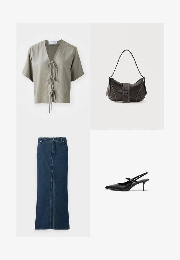 Kortærmet, olivengrønt bluse med V-hals og frontbinding. Lavet af glat stof med minimale sømme og en afslappet pasform.; Good American FIT AND FLARE MAXI SKIRT - Denimnederdele - indigo; Sorte læder slingback hæle med spids tå, slank justerbar rem og en stiletto hæl på cirka 5 cm, glat tekstur.; Sort læder skuldertaske med spænde på remmen, afrundede kanter og kontrasterende hvide syninger på en ensfarvet baggrund.