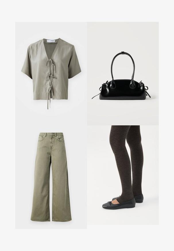 Kortærmet, olivengrønt bluse med V-hals og frontbinding. Lavet af glat stof med minimale sømme og en afslappet pasform.; Højtaljede, olivengrønne vide jeans med frontknap, lynlås og fem lomme-design på en hvid baggrund.; Ben iført mørke ribbede leggings kombineret med sorte balletsko med små sløjfedetaljer på hvid baggrund.; Lille sort blank håndtaske med to lange håndtag og snøre-detaljer i siden på en ensfarvet lys baggrund.