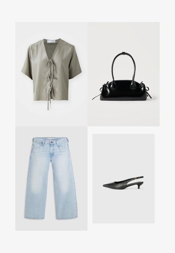 Kortærmet, olivengrønt bluse med V-hals og frontbinding. Lavet af glat stof med minimale sømme og en afslappet pasform.; Lyseblå vid nederdel jeans lavet af denim. Har lige snit, fem lommers design og knaplukning i taljen.; Sorte spidse slingback-sko lavet af glat læder. Har en tynd hæl og en spænde detalje på den justerbare rem.; Lille sort blank håndtaske med to lange håndtag og snøre-detaljer i siden på en ensfarvet lys baggrund.