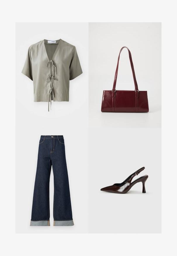 Kortærmet, olivengrønt bluse med V-hals og frontbinding. Lavet af glat stof med minimale sømme og en afslappet pasform.; Bredde ben mørk denim jeans med orange syninger, med høj talje, to forlommer og opbrettede manchetter, der viser et lysblåt kontraststof.; Brune patenterede læderslingback-sandaletter med spids tå, en tynd hæl og justerbar rem med en lille spænde.; Bordeaux håndtaske lavet af glansfuldt materiale, rektangulær form, med to skulderremme og subtile buede detaljer på forsiden.