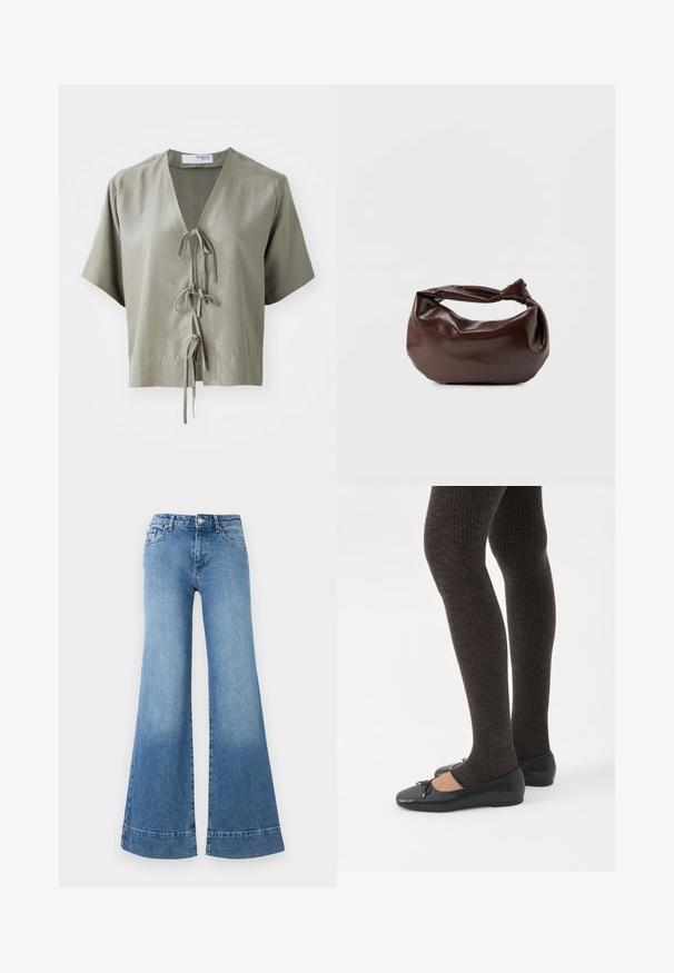 Kortærmet, olivengrønt bluse med V-hals og frontbinding. Lavet af glat stof med minimale sømme og en afslappet pasform.; Lys blå denim flared jeans med høj talje, brede ben og en let falming. Har klassisk fem-lomme-design og metal knaplukning.; Ben iført mørke ribbede leggings kombineret med sorte balletsko med små sløjfedetaljer på hvid baggrund.; Mørkebrun læder skuldertaske med en blød, afslappet form og et snoet knudehåndtag på en ensartet hvid baggrund.