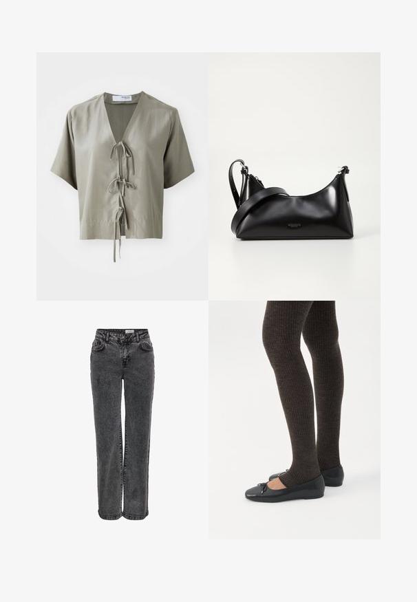 Kortærmet, olivengrønt bluse med V-hals og frontbinding. Lavet af glat stof med minimale sømme og en afslappet pasform.; Sorte denimjeans med lige ben, der har forlommer, bæltestropper og en subtil, falmet tekstur.; Ben iført mørke ribbede leggings kombineret med sorte balletsko med små sløjfedetaljer på hvid baggrund.; Sort læderhåndtaske med en glat tekstur. Har en justerbar stropp og et enkelt, minimalistisk design med lynlås.