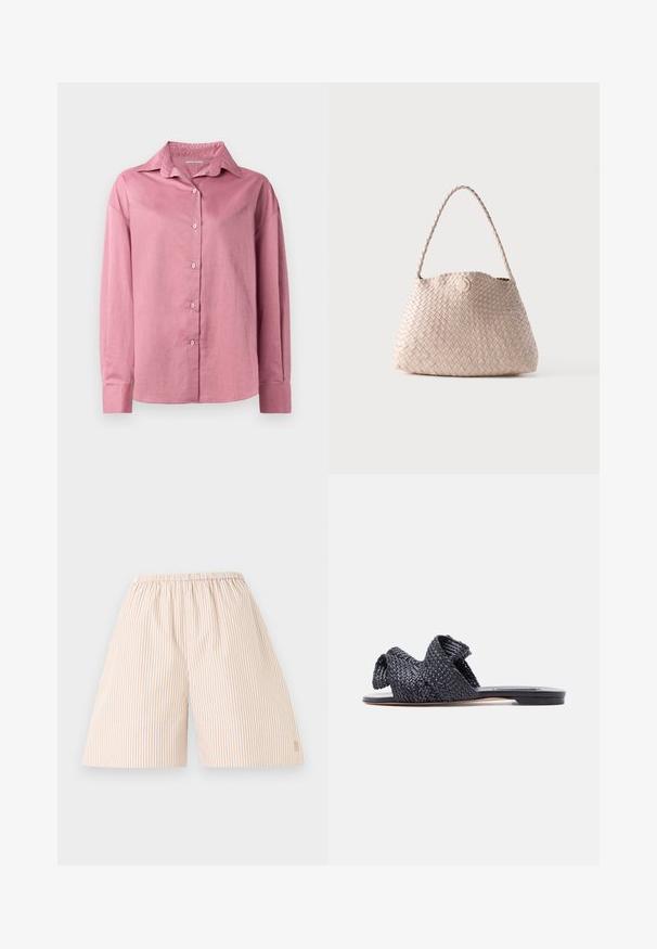 Camisa de manga larga rosa con cuello puntiagudo y cierre frontal de botones. Textura suave y corte relajado con puños abotonados y sin patrones visibles.; Pantalones cortos de corte ancho con rayas verticales beige y blancas, cintura elástica, longitud hasta la rodilla, vistos desde arriba sobre fondo blanco.; Sandalia negra plana tipo slide con una correa trenzada que cruza sobre la parte superior y diseño de punta abierta sobre un fondo blanco.; Bolso de hombro de cuero tejido beige con forma redondeada y asa trenzada, con un pequeño cierre de botón circular de cuero.