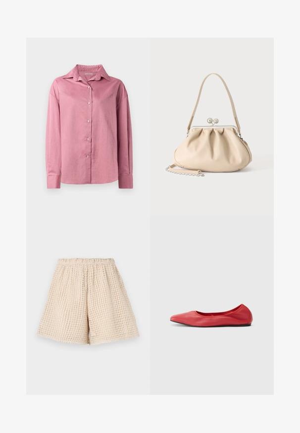 Chemise longue à manches longues rose avec un col pointu et une fermeture à boutons. Texture douce et coupe décontractée avec des poignets boutonnés et sans motifs visibles.; Shorts beiges avec un motif texturé en forme de gaufre. Ceinture élastique et coupe ample. Longueur mi-cuisse. Matériau léger.; Filippa K REY FLATS - Ballerines - bright red; Sac à main en cuir souple beige avec un fermoir en métal argenté, une bandoulière simple et une bandoulière chaîne optionnelle sur fond blanc.