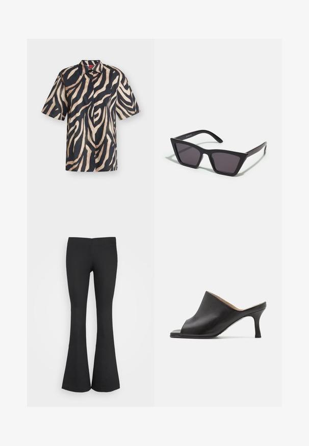 Chemise à manches courtes boutonnée, avec des rayures zèbre abstraites noires et beiges, col classique et boutons cachés à l’avant.; Monki Pantalon classique - black; Selected ASHLEY - Mules à talons - black; Lunettes noires angulaires avec des verres gris ; fabriquées en plastique, avec des branches épaisses à la surface lisse et sans matériel visible.