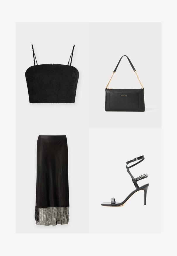 Μαύρο crop top με λεπτές ρυθμιζόμενες τιράντες και υφή από φλοράλ ζακάρ σε απλό ανοιχτό φόντο.; Μαύρη πλεκτή μίντι φούστα με εφαρμοστό ζωνάκι, ανοιχτό σχέδιο διαμαντιών και ρέουσα επένδυση στο κάτω μέρος για επιπλέον κίνηση και υφή.; Μαύρο σανδάλι με ψηλό τακούνι, λεπτό λουράκι στον αστράγαλο, λουράκι στη μέση του ποδιού διακοσμημένο με ασημένιες αλυσίδες και ανοιχτή μύτη.; Μαύρη δερμάτινη τσάντα clutch με υφή βότσαλου, χρυσό λουρί αλυσίδας και μπροστινή τσέπη. Διαθέτει χρυσό λογότυπο μπροστά.