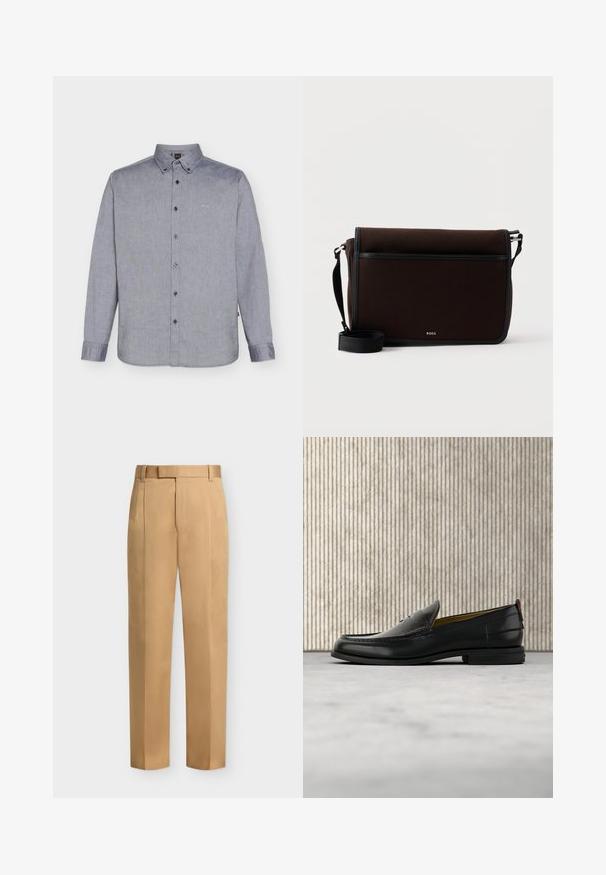 Chemise grise à manches longues, boutonnée avec col et logo "BOSS" brodé sur la poitrine gauche.; Pantalon beige droit avec passants de ceinture, plis devant et fermeture éclair.; Mocassin pour homme en cuir noir avec un dessus embossé effet croco et un petit talon, présenté de profil sur un fond neutre.; Sac messager en tissu brun foncé avec une sangle noire ajustable et un petit logo argenté "BOSS" sur le rabat avant.