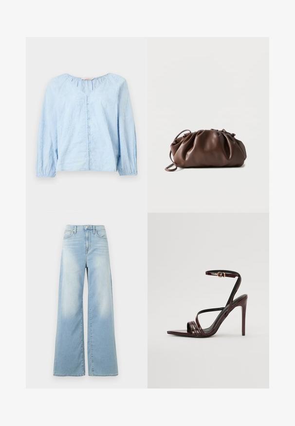 Blouse bleu clair à manches longues avec col en V, devant boutonné, poignets élastiques et motif subtil de broderie florale.; Jean large bleu clair à taille haute, avec boutons à l'avant et poches, présenté sur un fond blanc.; Sandale à talons hauts en cuir verni bourgogne avec une bride de cheville, bout pointu et trois bandes horizontales sur le pied. Détail de boucle dorée.; Sacoche en cuir marron doux avec un haut froncé et une fine bandoulière, posée sur un fond blanc.