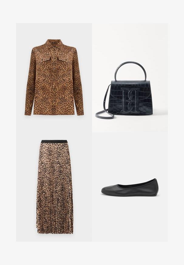 Chemise imprimé léopard avec col, manches longues et deux poches poitrine. Fabriquée en tissu doux aux tons marron, noir et beige.; Jupe longue plissée beige à imprimé léopard noir. Elle présente une ceinture noire, une texture douce et une coupe fluide.; Ballerines en cuir noir avec un bout rond, texture lisse, détails de couture minimalistes et design de semelle flexible.; Sac à main en cuir noir embossé en crocodile avec un design structuré, une poignée supérieure, une bandoulière ajustable et un détail de logo en avant bien visible.
