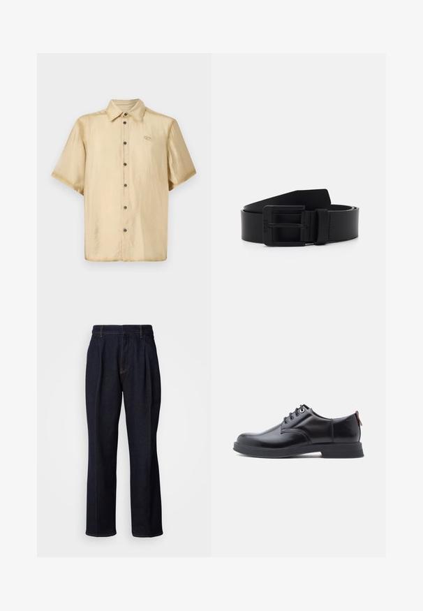 Chemise à manches courtes en satin beige clair avec une finition brillante, fermeture à boutons sur le devant et un petit logo sur la poitrine gauche.; Jean en denim large à jambes bleues foncées avec des plis devant et des coutures orange, présenté sur fond blanc.; Chaussures en cuir noir à lacets avec une texture lisse, un bout arrondi et des détails de couture discrets. Présentent une languette rouge à l'arrière.; Ceinture en cuir noir à finition mate, présentant une boucle en métal rectangulaire et une texture lisse. Design simple sans motifs ni accents.