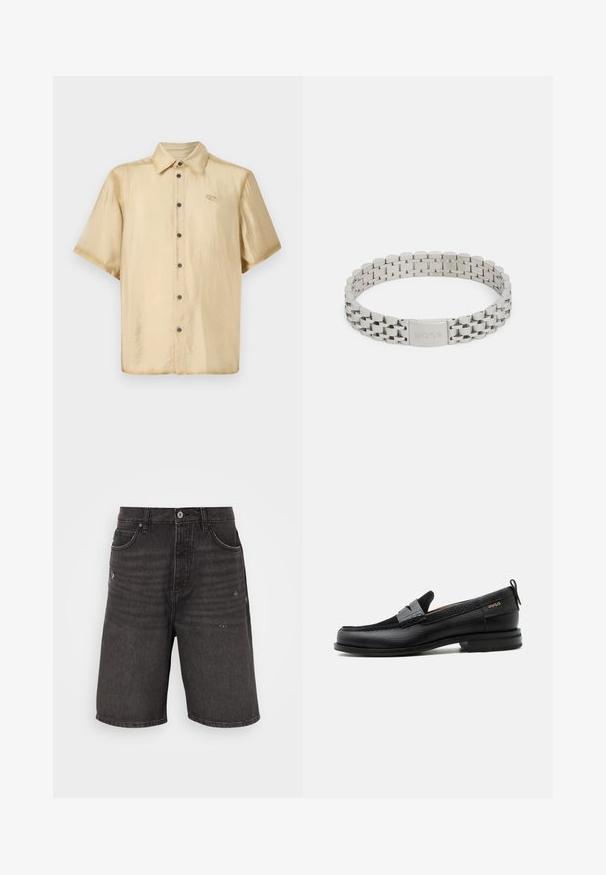 Chemise à manches courtes en satin beige clair avec une finition brillante, fermeture à boutons sur le devant et un petit logo sur la poitrine gauche.; Shorts en denim noir avec une coupe décontractée, dotés de poches avant, d'une texture vieilli et d'une taille classique avec une fermeture à bouton unique.; Mocassin en cuir noir avec détail de bride grise, talon bas et semelle texturée, marqué "HUGO" en or sur le côté.; Bracelet en acier inoxydable argenté avec un design à maillons, doté d'un fermoir gravé avec "BOSS". Fini lisse et poli avec des bords arrondis.