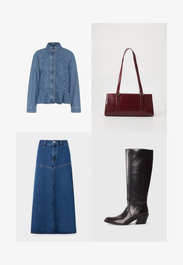 Jeansjacke in Hellblau mit einem Peplumsaum, spitzem Kragen und vorderem Knopfverschluss. Mit sichtbaren Nähten und langen Ärmeln.; Blauer Denim-Midirock mit Knopfleiste vorne und Nahtdetails, leicht ausgestellt von der Taille bis zum Saum vor weißem Hintergrund.; Knöchelhigh, dunkelbraune Lederstiefel mit spitzem Zeh, eckigem Blockabsatz und glatter, glänzender Textur. Verfügt über ein klares Design und Steppnähte.; Burgunderfarbene Handtasche aus glänzendem Material, rechteckige Form, mit zwei Schulterriemen und subtilen, geschwungenen Akzenten an der Vorderseite.