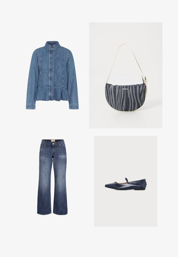 Jeansjacke in Hellblau mit einem Peplumsaum, spitzem Kragen und vorderem Knopfverschluss. Mit sichtbaren Nähten und langen Ärmeln.; Blaue Jeans mit weitem Bein, Vordertaschen, Gürtelschlaufen, Knopfverschluss und verwaschenen Wasch-Effekten.; Marineblauer Leder-Ballettflachschuh mit einem dünnen Riemen über dem Spann und flacher Sohle vor einfarbigem weißem Hintergrund.; Denim-Handtasche mit geschwungener Form, die ein navy- und hellblaues Zebra-Streifenmuster aufweist, einen weißen Trageriemen hat und das Markenlogo prominent präsentiert.
