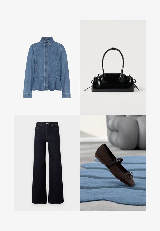 Jeansjacke in Hellblau mit einem Peplumsaum, spitzem Kragen und vorderem Knopfverschluss. Mit sichtbaren Nähten und langen Ärmeln.; Dunkelblaue weit geschnittene Jeans aus Denim, mit hoher Taille, Kontrastnähten und einem einzelnen Metallknopf vorne.; Dunkelbrauner Mary-Jane-Flachschuh mit Schnalle und Schleifendetail, der auf einem welligen, blauen strukturierten Teppich liegt, im Hintergrund ein graues Polstersofa.; Kleine schwarze glänzende Handtasche mit zwei langen Griffen und seitlichen Kordelzug-Details vor einfachem hellem Hintergrund.