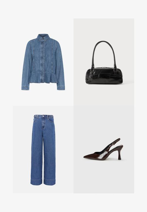Lysblå denimjakke med peplumnederdel, spids krave og knaplukning fortil. Har synlige sting og lange ærmer.; Blå denim jeans med vide ben, flettet linning, knap foran og lommer, vist på ensfarvet baggrund.; Brune patenterede læderslingback-sandaletter med spids tå, en tynd hæl og justerbar rem med en lille spænde.; Sort læderhåndtaske med rektangulær form, der har et enkelt struktureret håndtag, sølvhardware og lynlås-lukning. Glat tekstur.