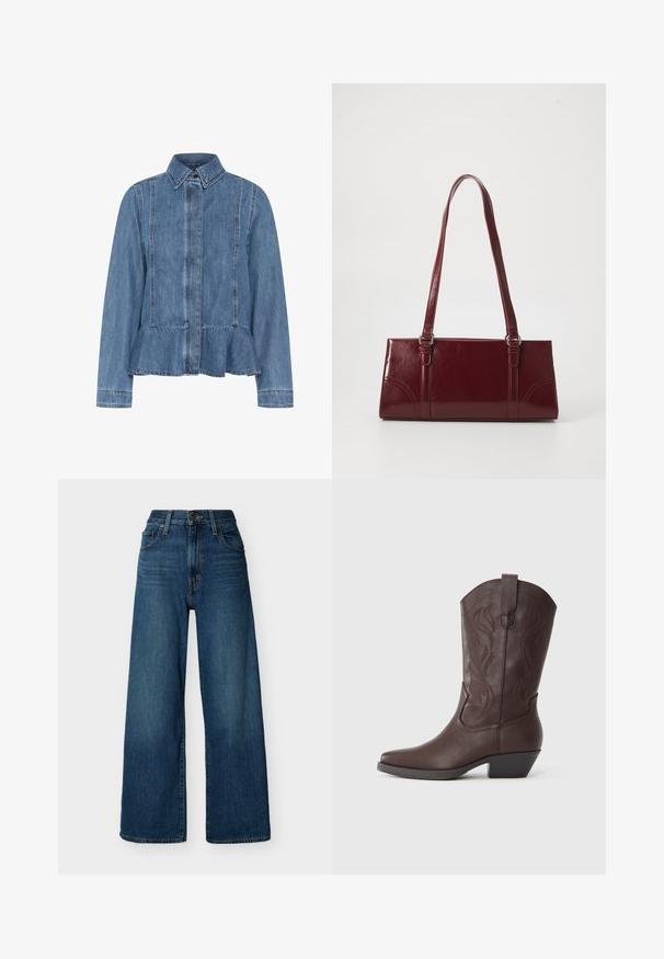 Jeansjacke in Hellblau mit einem Peplumsaum, spitzem Kragen und vorderem Knopfverschluss. Mit sichtbaren Nähten und langen Ärmeln.; Hoch taillierte, weit geschnittene blaue Jeans aus Denim mit vorderer Knopfleiste und Reißverschluss, Gürtelschlaufen und vorderen Taschen vor einfarbigem Hintergrund.; Brauner Leder-Westernstiefel mit spitzer Zehenpartie, dekorativer Naht am Schaft und niedrigem, gestapeltem Absatz. Glatte Textur und geschwungenes Design.; Burgunderfarbene Handtasche aus glänzendem Material, rechteckige Form, mit zwei Schulterriemen und subtilen, geschwungenen Akzenten an der Vorderseite.
