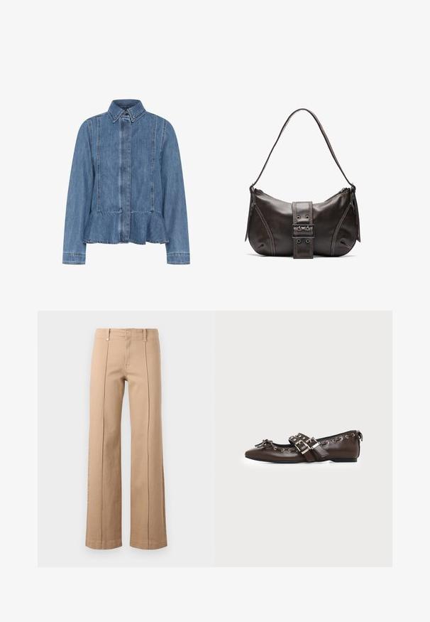 Jeansjacke in Hellblau mit einem Peplumsaum, spitzem Kragen und vorderem Knopfverschluss. Mit sichtbaren Nähten und langen Ärmeln.; Beige Hose mit geradem Bein, vorderen Mittelnähten, Gürtelschlaufen und Reißverschluss auf einem einfarbigen hellen Hintergrund.; Dunkelbrauner flacher Lederschuh mit spitzer Spitze, doppelten silbernen Schnallenriemen, Metallösen und dekorativer Schleife vorne.; Braune Lederumhängetasche mit gebogener Form, die mit einem auffälligen Schnallendetail, kontrastierenden Nähten und einem einzigen Schulterriemen ausgestattet ist.