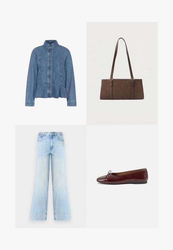 Lysblå denimjakke med peplumnederdel, spids krave og knaplukning fortil. Har synlige sting og lange ærmer.; Lyseblå jeans med vid benbredde og høj talje, fletbælteøjer, frontknap, lynlås og to lommer på hvid baggrund.; Bordeaux patentlæder balletflad med rund tå, lille sløjfeaccent foran og en lav, sort gummisål. Glat tekstur.; Brun rektangulær skuldertaske med lange stropper og minimale syningsdetaljer på en ensfarvet baggrund.