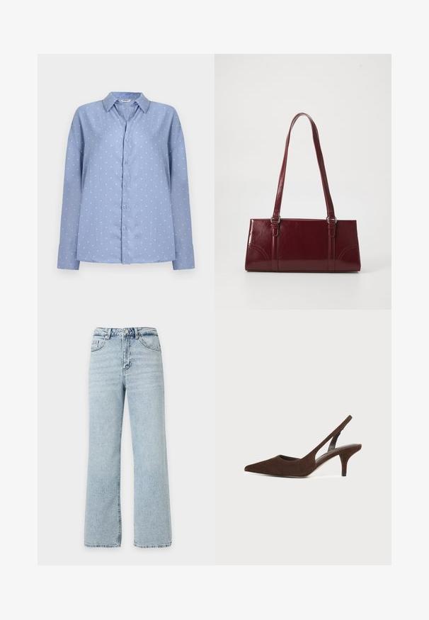 Chemise bleu clair à manches longues avec boutons, à pois blancs et col pointu, présentée sur un fond clair uni.; Jean bleu clair taille haute à jambes droites avec bouton et fermeture éclair à l'avant, passants pour ceinture et design cinq poches sur fond uni.; Escarpin slingback en daim brun foncé avec bout pointu et talon kitten sur un fond clair uni.; Sac à main bordeaux en matériau brillant, de forme rectangulaire, avec deux anses et des accents légèrement courbés à l'avant.
