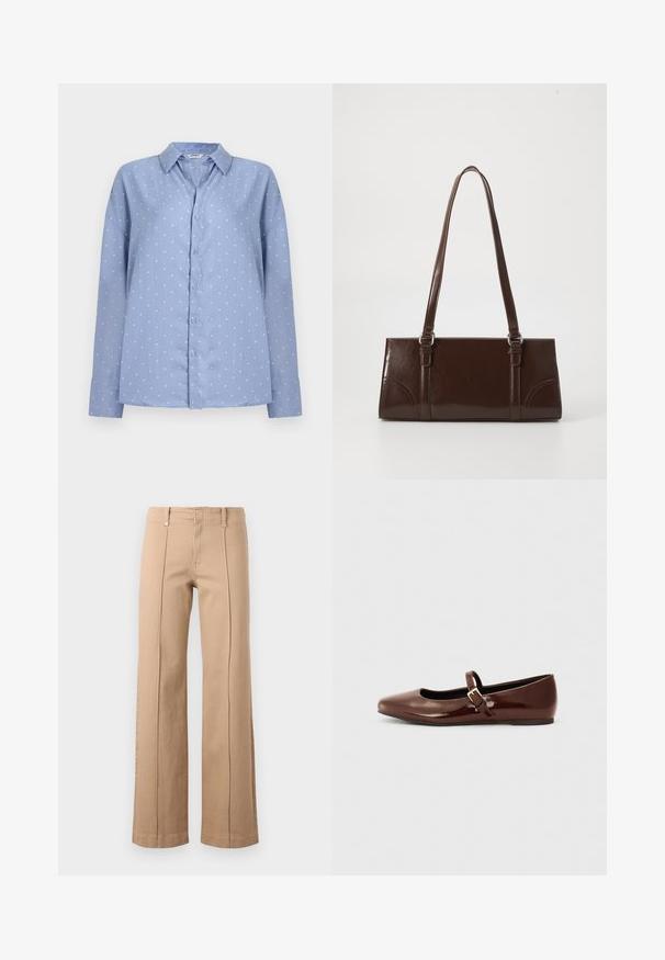 Chemise bleu clair à manches longues avec boutons, à pois blancs et col pointu, présentée sur un fond clair uni.; Pantalon beige à jambe droite avec coutures centrales à l'avant, passants pour ceinture et fermeture éclair sur un fond clair uni.; Ballerine en cuir verni marron avec un bout carré et une lanière ornée d'une petite boucle dorée. Texture lisse, talon bas et design minimaliste.; Sac à main en cuir verni marron de forme rectangulaire, avec deux longues poignées et des accents courbés subtils à l'avant.