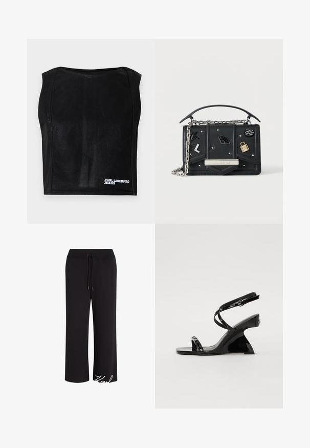 Sort ærmeløs kort top med bådudskæring og hvid "KARL LAGERFELD JEANS" logo nederst til højre.; Bredde sorte sweatpants i blødt stof har en snoretræk i taljen og et broderet logo i hvidt ved kanten.; Sorte patentlæder wedge sandaler med et elegant, åben-tå design, tynde ankelstropper og en dekorativ spænde detalje.; Sort lædertaske med sølv kædestrop, dekorative metalnitter, nåle og en sølv navneskilt med teksten "KARL LAGERFELD."