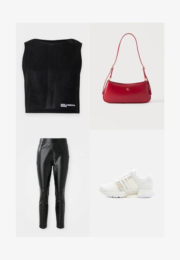 Mustat hihattomat lyhyt paita, jossa on venekaula-aukko ja valkoinen "KARL LAGERFELD JEANS" -logo ala-oikeassa kulmassa.; Musta nahkahousut, joissa on kapea malli, ja jotka ovat sileäpintaiset ja korkeavyötäröiset. Yksityiskohtia ovat polvikohdat lisätyyliä varten.; Valkoinen urheilukenkä, jossa on teksturoitu verkkomateriaali päällisosassa, läpikuultavat sivupaneelit ja kestävä kumipohja. Varustettu nauhallisella kiinnityksellä ja pehmustetulla kauluksella.; Punainen nahkainen olkalaukku, jossa kullanvärinen "cK"-logokuvake ja säädettävä hihna vaaleaa, yksiväristä taustaa vasten.