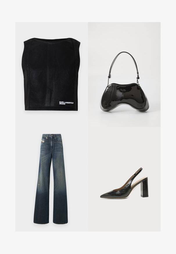 Sort ærmeløs kort top med bådudskæring og hvid "KARL LAGERFELD JEANS" logo nederst til højre.; Vidde ben jeans i mørkeblå med en falmet finish, med et slidt knæ og et klassisk fem-lomme design med et mærke.; Sort læder peep-toe slingback sko med høj blokhæl og beige indvendig foring mod en ensfarvet lys baggrund.; Sort patentlæder håndtaske med en unik buet form, kort justerbar hank og en lynlåslukning i toppen. Glat tekstur med diskret branding.
