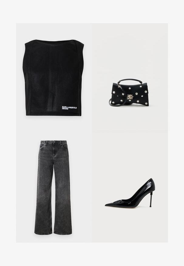 Sort ærmeløs kort top med bådudskæring og hvid "KARL LAGERFELD JEANS" logo nederst til højre.; Bredde ben sorte denimjeans med en falmet struktur, fem lommer og knaplukning. Har kontraststikning og en klassisk talje.; Sort laklæder spids højhælet sko med unik hæl, slank cylinderformet stiletthæl og dekorativ spænde foran.; Sort læderhåndtaske med sølvnitter, et topgreb, aftagelig skulderrem og en sølv dekorativ lås på ensfarvet baggrund.