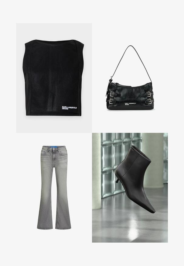 Sort ærmeløs kort top med bådudskæring og hvid "KARL LAGERFELD JEANS" logo nederst til højre.; Flared jeans i lysegråt denim med klassisk fem-lomme-design, lukning med metalknap og subtil falmning for tekstur.; Sort læderankelstøvle med spids tå og lille hæl vist mod en væg af glasblokke og poleret gulv baggrund.; Sort læder skuldertaske med sølv spænder på siderne, lynlåslukning i toppen, tynd rem og "Karl Lagerfeld Jeans" logo på forsiden.