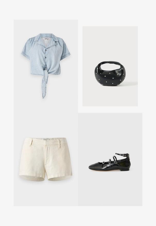 Lyseblå cropped denimskjorte med korte ærmer, knaplukning foran, krave og bånddetalje i taljen. Let falmet tekstur og synlig syning.; Lys beige shorts lavet af linned. Har en flad talje, frontlommer og en ren kant. Simpelt, minimalistisk design.; ALDO NELTA - Ballerinasko - black; Sort læderhåndtaske med en rundet form, dekoreret med sølvnitter, og et kort håndtag. Glat tekstur og lynlåslukning.