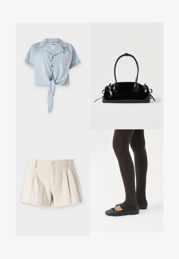 Lyseblå cropped denimskjorte med korte ærmer, knaplukning foran, krave og bånddetalje i taljen. Let falmet tekstur og synlig syning.; Linning shorts i en lys beige farve med plisseret design, frontknaplukning og en glat, struktureret finish.; Ben iført mørke ribbede leggings kombineret med sorte balletsko med små sløjfedetaljer på hvid baggrund.; Lille sort blank håndtaske med to lange håndtag og snøre-detaljer i siden på en ensfarvet lys baggrund.