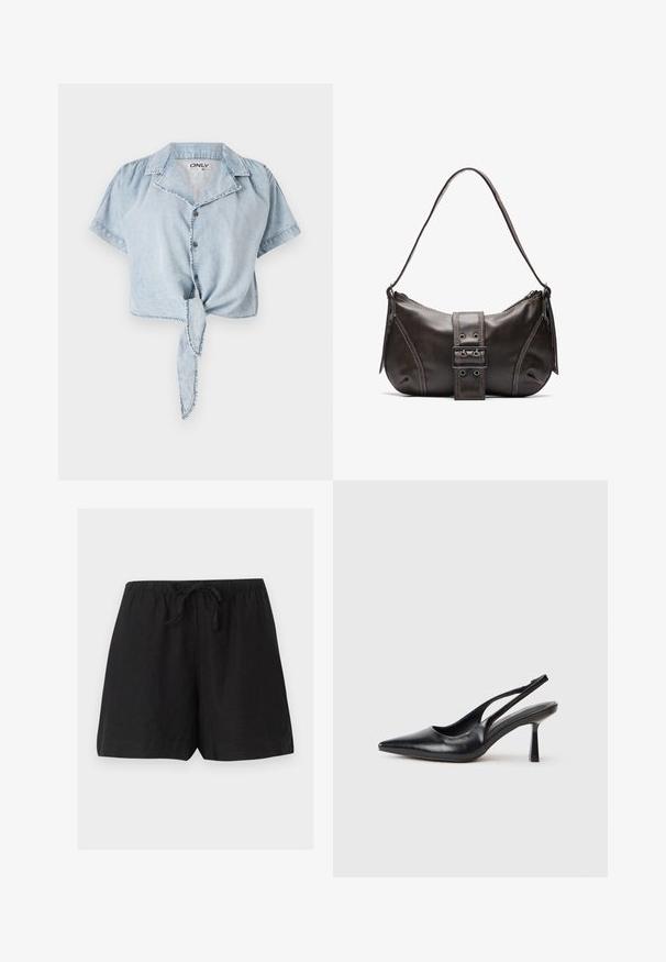 Lyseblå cropped denimskjorte med korte ærmer, knaplukning foran, krave og bånddetalje i taljen. Let falmet tekstur og synlig syning.; Sorte afslappede shorts med elastisk linning og snøre, lavet af letvægtstof, vist på en ensfarvet baggrund.; Sort læderslagback højhælet sko med spids tå og slank hæl på en hvid baggrund.; Brun læder skuldertaske med en buet form, der har et fremtrædende spænde, kontrasterende syninger og en enkelt skulderrem.