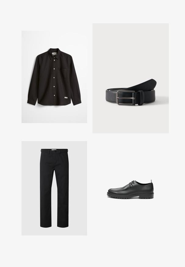 Chemise noire à manches longues avec boutons, une poche poitrine unique, un col pointu, et une petite étiquette blanche près de l'ourlet inférieur sur fond blanc.; Pantalon noir à jambes droites avec passants de ceinture et fermeture par bouton à la taille, présenté sur un fond clair uni.; Chaussures en cuir noir avec une finition lisse, bout arrondi et coutures décoratives. Elles possèdent une semelle en caoutchouc avec des rainures de traction et un laçage.; Ceinture en cuir noir roulée avec une boucle métallique argentée rectangulaire sur un fond clair uni.