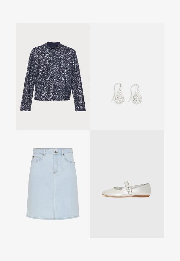 Marineblauwe paillettenblouse met lange mouwen, hoge kraag en een rits aan de achterkant. Heeft een textuur met dicht op elkaar geplaatste glanzende pailletten.; Lichtblauwe denim rok met knopen aan de voorkant, ritssluiting, riemlussen en voorzakken, afgebeeld tegen een witte achtergrond.; Zilveren Mary Jane ballerina met een bloemvormige gesp op de strap en een lichtbruine zool, getoond in zijaanzicht.; Zilverkleurige haakoorbellen met een cirkelvormig ontwerp, voorzien van een centrale heldere rhinestone omringd door kleinere rhinestones.
