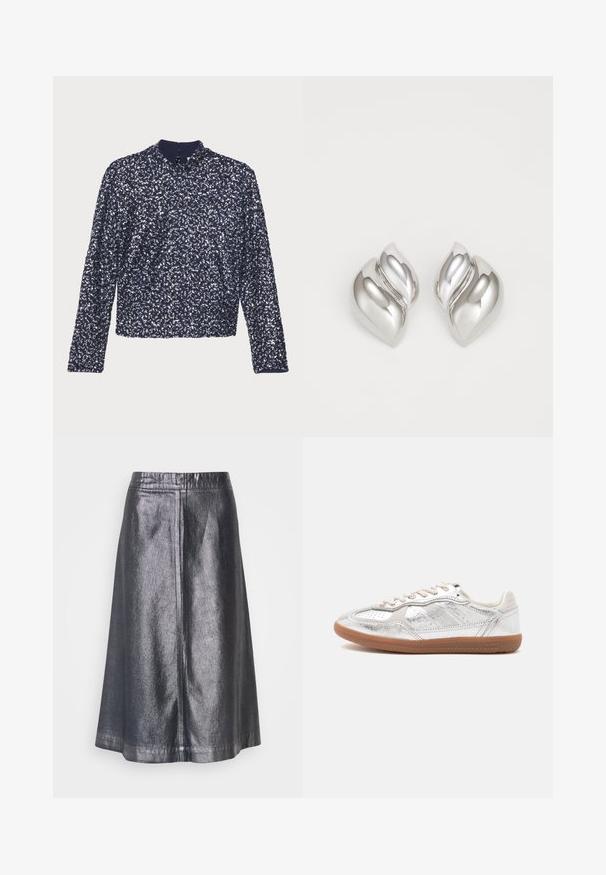 Marineblauwe paillettenblouse met lange mouwen, hoge kraag en een rits aan de achterkant. Heeft een textuur met dicht op elkaar geplaatste glanzende pailletten.; Metallisch zilveren midi-rok met een gladde textuur, A-lijn vorm en een eenvoudige elastische tailleband. Heeft zijnaad voor een gestructureerde uitstraling.; Low-top sneaker met metallic zilverkleurig bovenwerk, beige veters en een gum rubberen zool op een effen lichte achtergrond.; Zilveren oorbellen met een organische, abstracte vorm. Gladde, glanzende oppervlakte met een taps toelopend ontwerp. Beschikken over subtiele rondingen en een centrale lijn detail.