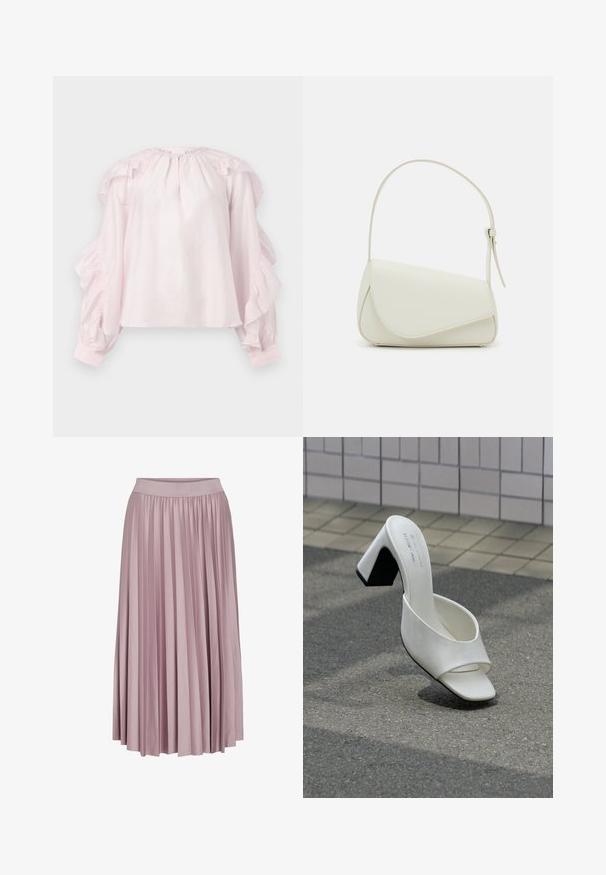 Blouse rose à manches volantes et encolure froncée. Fabriquée en tissu léger, elle dispose de poignets élastiqués et d'une coupe décontractée.; Jupe longue plissée en tissu rose pâle, dotée d'une taille élastique. Sa texture lisse et son design fluide mettent en valeur sa forme générale.; Une mule blanche à bout ouvert avec talon bloc posée sur un bitume gris devant un mur carrelé.; Sac à main en cuir synthétique blanc avec une forme triangulaire structurée, une bandoulière unique réglable et un rabat à courbes accentuées.