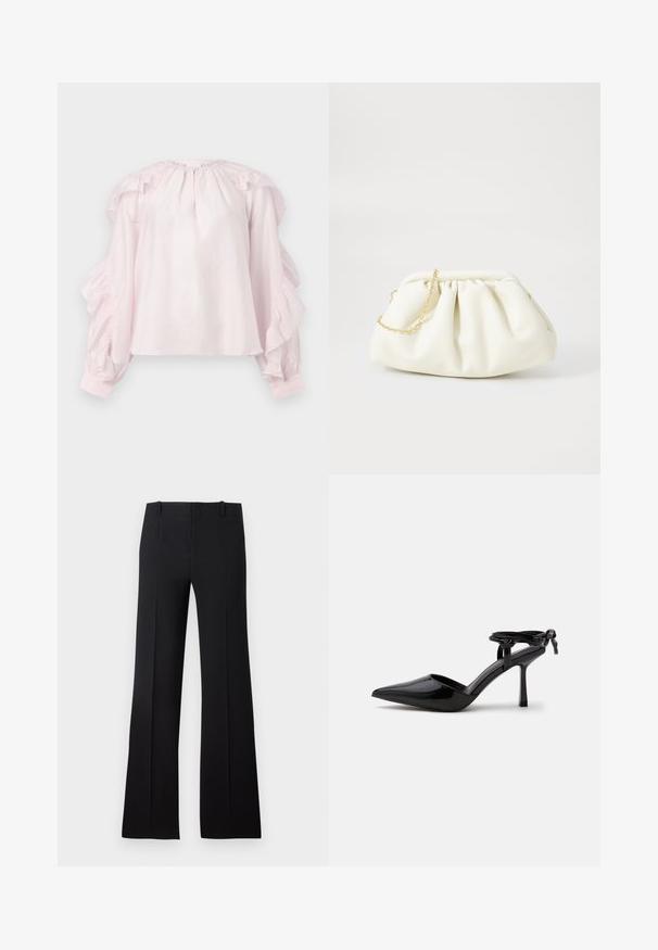Blusa rosa con mangas con volantes y escote fruncido. Fabricada en tejido ligero, tiene puños elásticos y un corte relajado.; Pantalones de campana negros con una textura suave, que presentan una cintura ajustada, lazos para cinturón y un diseño limpio que se extiende hasta un dobladillo amplio.; Zapato de tacón alto de cuero charol negro con punta puntiaguda y correa en el tobillo atada en un nudo en la parte trasera, mostrado sobre un fondo blanco liso.; Bolso de mano de cuero blanco con un diseño recogido, cuenta con una cadena dorada y forma redondeada. Textura suave con pliegues suaves y sin patrones.