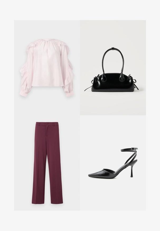 Blouse rose à manches volantes et encolure froncée. Fabriquée en tissu léger, elle dispose de poignets élastiqués et d'une coupe décontractée.; Pantalons larges bordeaux, fabriqués en tissu lisse. Dotés d'une fermeture à bouton et de poches classiques. Design simple sans motifs ni accents.; Escarpin noir à bout pointu avec fines brides de cheville et fermeture à boucle argentée sur fond clair uni.; Petit sac à main noir brillant avec deux longues anses et des détails à cordon sur les côtés sur un fond clair uni.