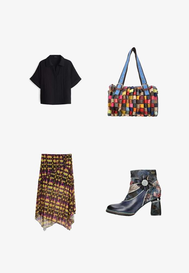ZwarteT-shirt met korte mouwen en een kraaghalslijn, gemaakt van een textuur- en ribstof en met een losse pasvorm. Geen zichtbare sluitingen.; Asymmetrische rok met gele, roze en zwarte abstracte print en diagonale ruches op lichtgewicht stof.; Enkellaars met een glanzende donkerblauwe leren neus en een bovenkant van bloemenpatroonstof, met een decoratieve bloem en een gestructureerde blokhak.; Kleine rechthoekige handtas met gevlochten meerkleurige leren stroken en blauwe leren schouderbanden met metalen gespen.